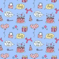 Birthday party pattern. Seamless vector background with bday doodles. Funny holiday elements. Colorful hand drawn kid birthday design objects. Repeat illustration