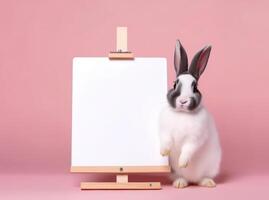 a cute bunny rabbit holding with blank whiteboard on isolated pastel color background, happy easter concept, photo