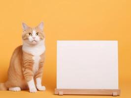 a cute tabby orange cat with blank whiteboard on isolated orange color background, playful and adorable pet, photo