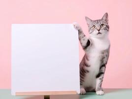 a cute tabby cat holding with blank whiteboard on isolated pastel color background, playful and adorable pet, photo