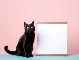 a cute black cat with blank whiteboard on isolated pastel color background, playful and adorable pet, photo