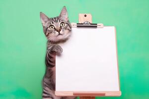 a cute tabby cat holding with blank whiteboard on isolated pastel color background, playful and adorable pet, photo