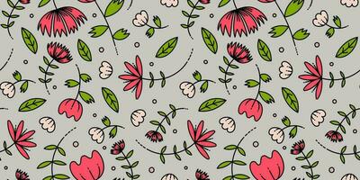 Seamless pattern of randomly scattered flowers and leaves. vector