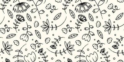 Seamless pattern of drawn contour flowers. Print for fabric or wrapping paper. Vector drawing.