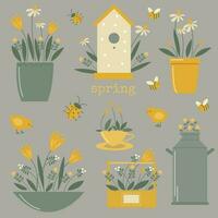 vector spring garden set with cute flower pot, chicken, bugs and bees