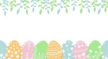 Horizontal seamless pattern with Easter eggs and vegetation. Spring illustration for Easter holiday. Flat style vector image