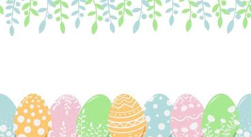 Horizontal seamless pattern with Easter eggs and vegetation. Spring illustration for Easter holiday. Flat style vector image