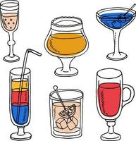 Set with different cocktails in doodle style. Summer drinks at the bar. vector