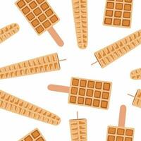 Sweet food and dessert food, vector seamless pattern of golden brown homemade corn dog waffle on a stick.