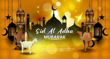 vector illustration for eid al adha mubarak. great for graphic background of mosque, goat and camel with glowing lantern, for banner, card, poster flyer template, etc.