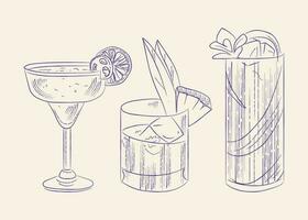 Three glasses of refreshing cocktails. Hand drawn vector line illustrations