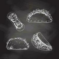 Tacos set isolated on chalkboard background. Hand-drawn sketch illustrations of traditional mexican food. Top, front, perspective view. Vintage. vector