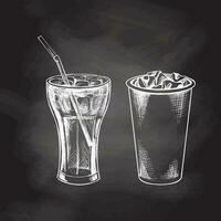 Hand-drawn sketch of  cola  glasses  with ice  isolated on chalkboard background. Fast food vintage illustration. Element for the design of labels, packaging and postcards vector