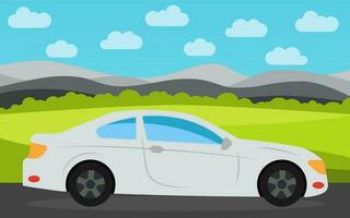 White sports car in the background of nature landscape in the daytime. Vector illustration.