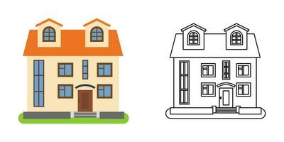 House front view in flat and line style on white background. Isolated cottage and real estate building facade. Vector illustration