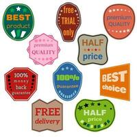 Set of Ten Vector Badges with Ribbons. Web stickers and labels. Isolated vector illustration.