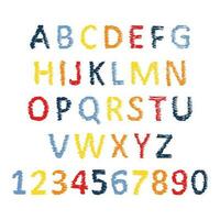 Hand Drawn Latin Alphabet Letters and Numbers. Uppercase modern font and typeface. Multicolored symbols on white background. Vector illustration.