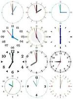 A set of different mechanical clocks with an image of each of the twelve hours. Clock face on white background. vector