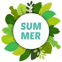 Green summer leaves under white round label and inscription summer. Vector card with green leaves isolated on white background