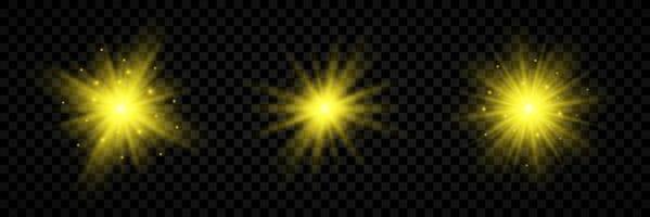 Light effect of lens flares. Set of three yellow glowing lights starburst effects with sparkles vector