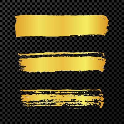Gold grunge brush strokes. Set of three painted brush ink stripes. Ink spot isolated on dark