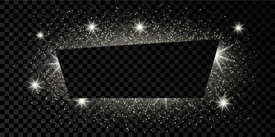 Silver trapezium frame with glitter, sparkles and flares on dark background. Empty luxury backdrop. Vector illustration.