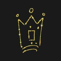 Gold glitter hand drawn crown. Simple graffiti sketch queen or king crown. Royal imperial coronation and monarch symbol isolated on dark background. Vector illustration.