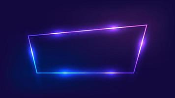 Neon trapezoid frame with shining effects on dark background. Empty glowing techno backdrop. Vector illustration.