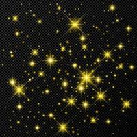 Gold backdrop with stars and dust sparkles isolated on dark background. Celebratory magical Christmas shining light effect. Vector illustration.