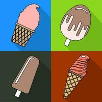 Set of four ice creams in flat style isolated on colorful background with shadow. Vector illustration