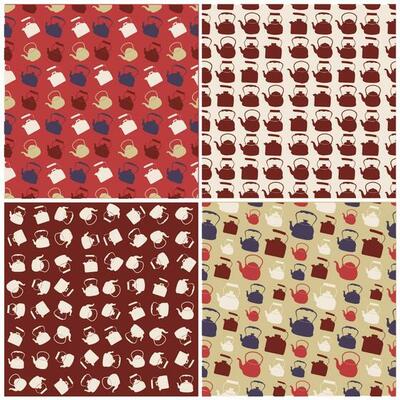 Set of seamless Colorful Pattern with Kettle. Vector background with different teapots. Endless kitchen texture.