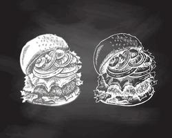 Hand-drawn sketch of great delicious sandwich, burger, hamburger isolated on chalkboard  background. Fast food vintage illustration. Element for the design of labels, packaging and postcards vector