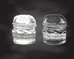 Hand-drawn sketch of great delicious sandwich, burger, hamburger isolated on chalkboard  background. Fast food vintage illustration. Element for the design of labels, packaging and postcards vector