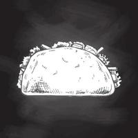 Hand-drawn sketch of taco isolated on chalkboard background.. Fast food vintage illustration. Element for the design of labels, packaging and postcards vector