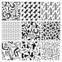 Seamless pattern with black hand drawn arrows. Set of nine creative abstract backgrounds. Vector illustration