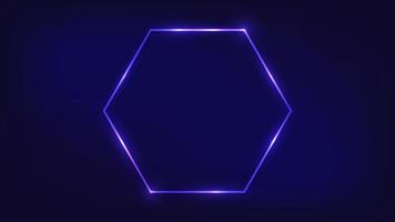 Neon hexagon frame with shining effects on dark background. Empty glowing techno backdrop. Vector illustration.