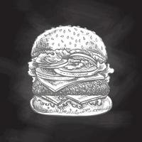 dibujado a mano bosquejo de genial delicioso sándwich, hamburguesa, hamburguesa aislado en pizarra antecedentes. rápido comida Clásico ilustración. elemento para el diseño de etiquetas, embalaje y postales vector