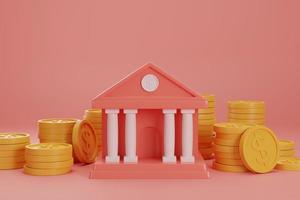 3d render bank with stack of gold coin on red background, financial 3d model background photo