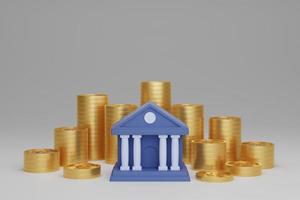 3d render bank with stack of gold coin on white background, financial 3d model background photo