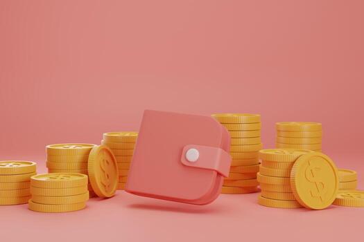 3d render money wallet with stack of gold coin on red background, financial 3d model background photo