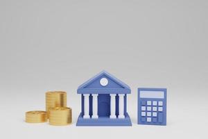 3d render stack of gold coin with bank and calculator on white background, financial 3d model background photo