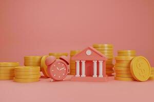 3d render bank and alarm clock with stack of gold coin on red background, financial 3d model background photo