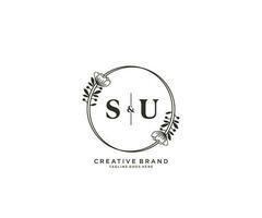 initial SU letters hand drawn feminine and floral botanical logo suitable for spa salon skin hair beauty boutique and cosmetic company. vector