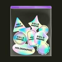 Holographic sticker pack in plastic zip bag. Futuristic labels of various shapes, high-quality sticker design. Set of 9 geometric shapes icons vector