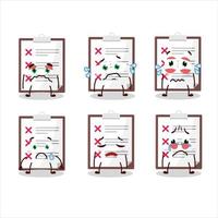 Clipboard with cross check cartoon character with sad expression vector