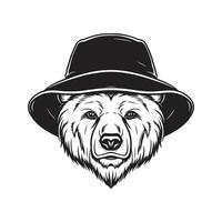 bear wearing bucket hat, vintage logo concept black and white color, hand drawn illustration vector