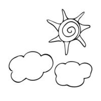 Doodle line sun and clouds icons. Vector modern sketch of weather