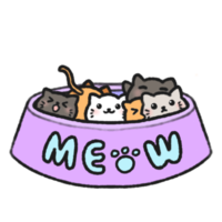 ritad för hand söt katt, kattunge i lila skål, söt djur- karaktär design i klotter stil png