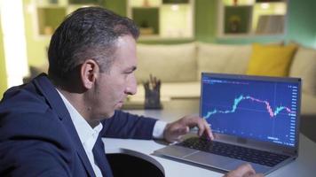 Stressed man analyzing stock market data. Trader looking at charts on his laptop feels stressed. video