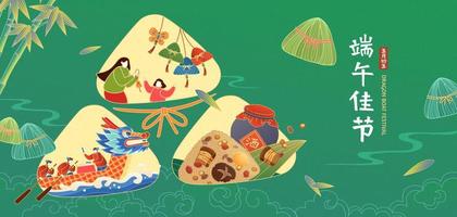 Duanwu Festival banner in flat style. A zongzi silhouette illustrating various holiday activities. Chinese translation, happy Dragon Boat Festival on the 5th day of the fifth lunar month vector